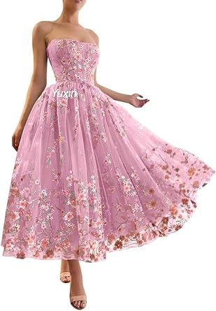 Prom Dresses Tea Length, Flower Prom Dresses, Tea Length Formal Dresses, Dresses Tea Length, Tea Length Prom Dress, School Event Dress, Flower Prom Dress, Wedding Dresses Images, Tulle Homecoming Dress