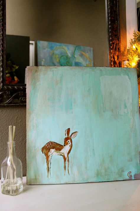 Homestead Nursery, Fawn Painting, Wildlife Watercolor, Bambi Art, Deep Profile, Deer Fawn, Deer Painting, Aqua Background, Deer Art