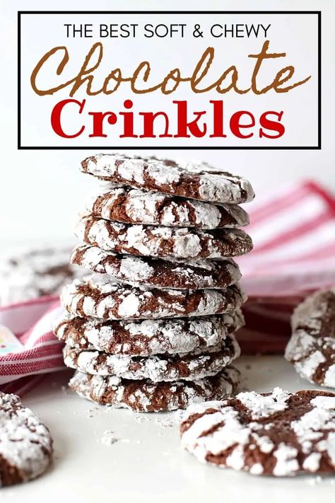 Soft and Chewy Chocolate Crinkle Cookies are a family favorite Christmas cookies. These moist brownie-like cookies aren't just for Christmas though. You can enjoy this cookie's chocolaty goodness all year long. Be sure to add this recipe to your Christmas cookie list. Chocolate Crinkles are also great to share at a Christmas Cookie exchange. Chocolate Crinkles Recipe, Chocolate Crinkle Cookies Recipe, Favorite Christmas Cookies, Cream Cheese Pinwheels, Crinkle Cookies Recipe, Chocolate Crinkle, Italian Christmas Cookies, Holiday Cookie Exchange, Chocolate Crinkle Cookies