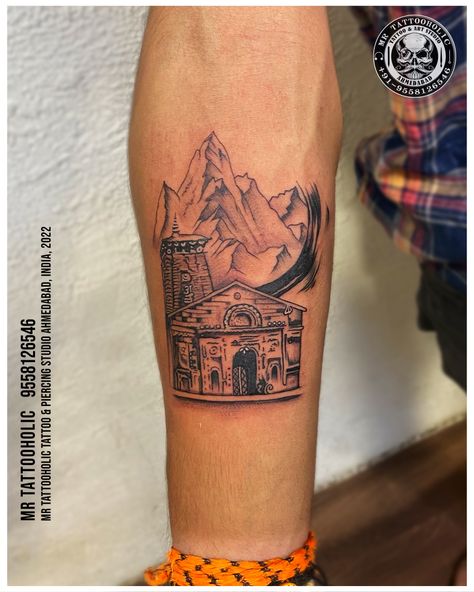 Kedarnath Tattoo Design, Kedarnath Tattoo, Mahadev Band Tattoo, Temple Tattoo, Brother Tattoos, Any Tattoo, Tattoos To Cover Scars, Shiva Tattoo, Shiva Parvati Images