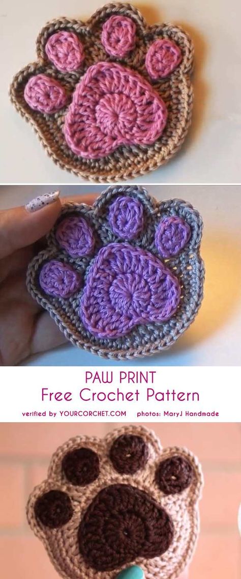 Crochet Paw Print - site has links to the written pattern and video tutorial Crochet Paw Print, Appliques Au Crochet, Crocheted Dog, Ponytail Hats, Crochet Coasters Free Pattern, Haken Baby, Crochet Motifs, Crochet Dog, Crochet Applique