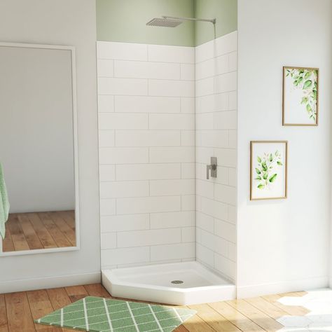 DreamLine DreamStone White 2-Piece 36-in x 36-in x 84-in Base/Wall Neo-angle Corner Shower Kit (Off-center Drain) in the Shower Stalls & Enclosures department at Lowes.com Corner Shower Kits, Dreamline Shower, Shower Wall Kits, Neo Angle Shower, Small Shower, French Street, Shower Units, Floor Remodel, Shower Base