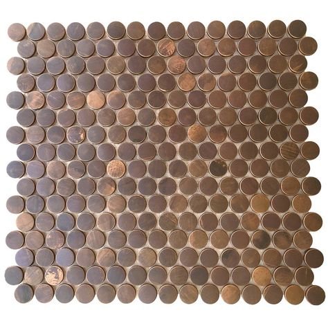 0.8" x 0.8" Metal Mosaic Tile in Antique Copper Copper Penny Backsplash, Copper Subway Tile, Copper Wall Tiles, Copper Backsplash Kitchen Lowe's, Copper Mosaic Tile, Copper Mosaic, Metal Mosaic Tiles, Penny Round Mosaic, Penny Round Tiles