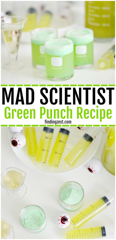 Kids will love this Mad Scientist Green Punch recipe which foams up naturally. Let your punch be the centerpiece of your mad scientist birthday party or Halloween party. Turn your drink into a science experiment and let kids make their own using syringes and beakers! Green Punch Recipe, Science Party Food, Green Punch Recipes, Mad Scientist Birthday Party, Mad Scientist Halloween, Science Themed Party, Science Birthday Party Ideas, Scientist Birthday Party, Mad Scientist Birthday