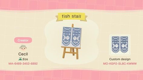 Fish Stall Acnh, Acnh Tricks, Animal Crossing Fish, Fish Banner, Animal Crossing Qr Codes, Ac Codes, Fish Stand, Acnh Patterns, Fabric Tiles