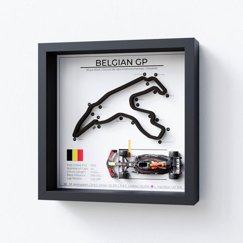 🔥 2023 BELGIAN Grand Prix Formula 1 frame with the real model of the winning car and poster with details of the circuit and times. The intricate design of the F1 car model and the precision of the CNC machine used to create the wooden track make for a stunning and unique display piece. The frame is sure to be a standout addition to any collection or decor. It is an ideal gift idea for any fan of Formula 1. It will look perfect as a room decor in your office, living room or garage, especially in a men's cave.  READY-TO-USE WALL ART INCLUDES: *HQ Poster with details related to Belgian 2023 Grand Prix Formula 1  - 250 gr satin paper  *F1 circuit made from plywood on CNC and lacquered in black *Winner car model scale 1:43  (13,5cm lenght) *Frame made from MDF (black/white) - 27cm x 27 cm x 4 F1 Bedroom Decor, F1 House Decor, Formula 1 Decor, F1 Room Decor, F1 Decor, F1 Wall Art Aesthetic, F1 Track Wall Art, Acrylic Display Box, Easy Diy Room Decor