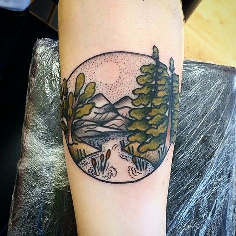 Creek Tattoo, View Tattoo, Cycling Tattoo, Old School Ink, Arm Tats, Inner Forearm, Nature View, American Traditional Tattoo, Nature Tattoos