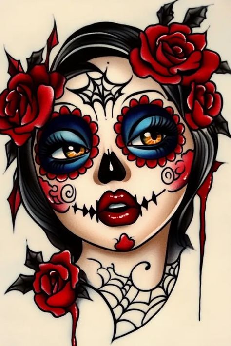 Female Sugar Skull Tattoo, Candy Skull Tattoo For Women, Sugar Tattoo, Sugar Skull Art Drawing, Girly Skull Tattoos, Candy Skull Tattoo, Sugar Skull Drawing, Candy Tattoo, Catrina Tattoo