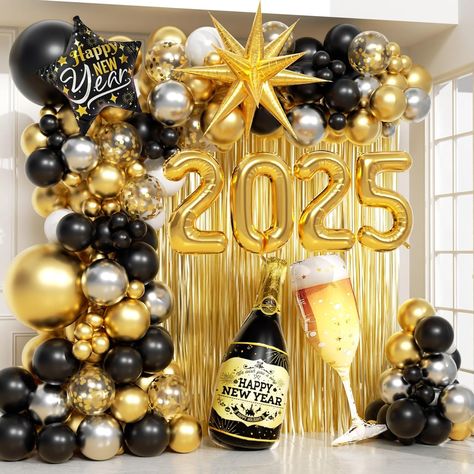 2025 New Year's balloon arch kit. Includes balloons, curtains, ribbons & glue dots.  Easy assembly, reusable. Perfect for NYE parties! Happy New Year Balloon Garland, Nye Balloon Arch, New Year Party 2025, New Years Balloon Arch, New Year Balloon Garland, New Year Balloon Decoration, Gold Fringe Backdrop, Nye Balloons, New Year's Eve Backdrop