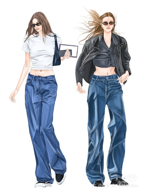 Jean Sketch Fashion, Fashion Sketches Pants, Street Style Fashion Sketches, Street Style Drawing Sketches, Walking Fashion Illustration, Jeans Fashion Illustration, Denim Illustration Sketch, Denim Illustration, Jeans Illustration