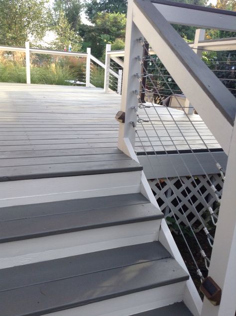 Deck makeover with Sherwin Williams Flagstone in solid stain & cables were added by my husband Deck Stain Colors, Deck Stain, Deck Makeover, Solid Stain, Deck Decor, Deck Colors, Railing Ideas, Building A Porch, House Trim