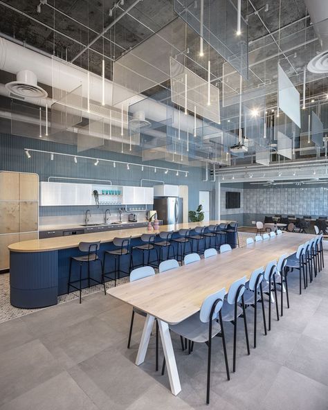 Gallery of Viz.ai Office / Switchup - 16 Canteen Office Design, Open Ceiling Lighting, Office Design Blue, College Campus Design, Blue Office Design, Office Cafeteria Design, Canteen Design, Pantry Interior, Office Cafeteria