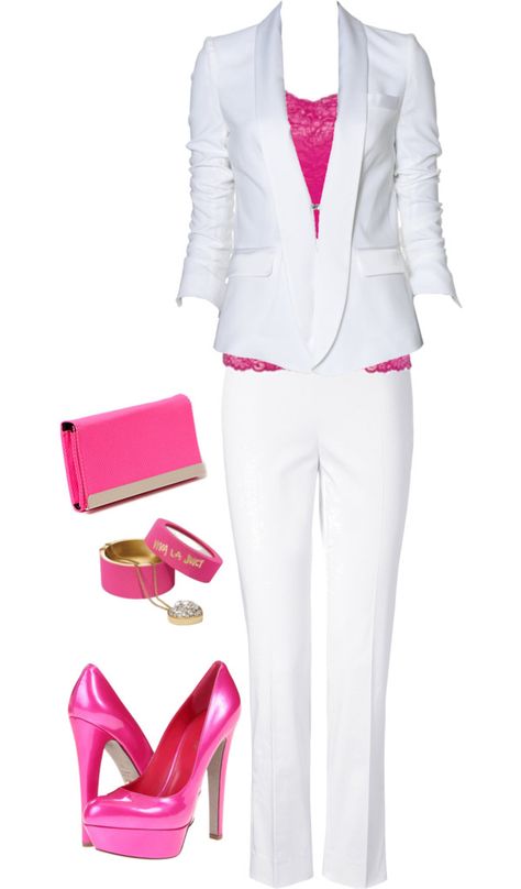 "pink and white" by woolycat ❤ liked on Polyvore Pink And White Outfits For Women, Hot Pink And White Outfit, Pink And White Outfit, Outfit For A Party, Pink Wardrobe, White Outfits For Women, Pink Board, White Wardrobe, Cool Outfit