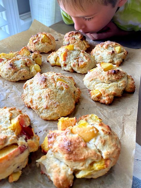 Peach Sourdough Discard, Peach Sourdough Scones, Sourdough Discard Peach Scones, Sourdough Peach Muffins, Sourdough Discard Peach Muffins, Peach Sourdough Recipes, Sourdough Peach Recipes, Peach Sourdough, Sourdough Scones Recipe