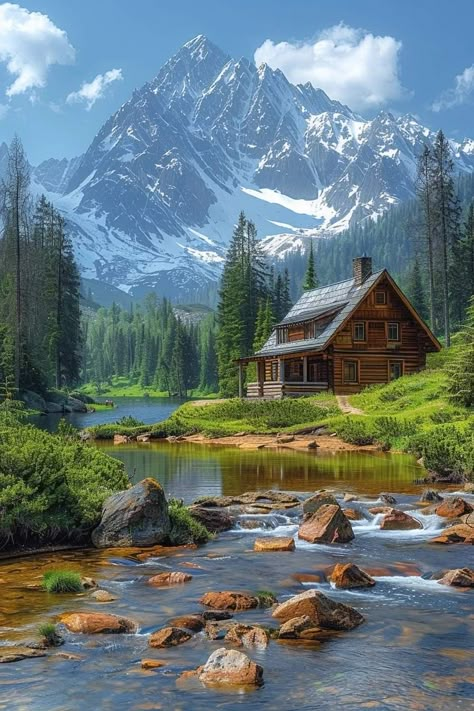 Nature Pictures Landscape, Pictures Landscape, Flower Aesthetics, Cabin In The Mountains, Cabin Art, Landscape Photography Nature, Cottage Art, Pretty Landscapes, Landscape Art Painting