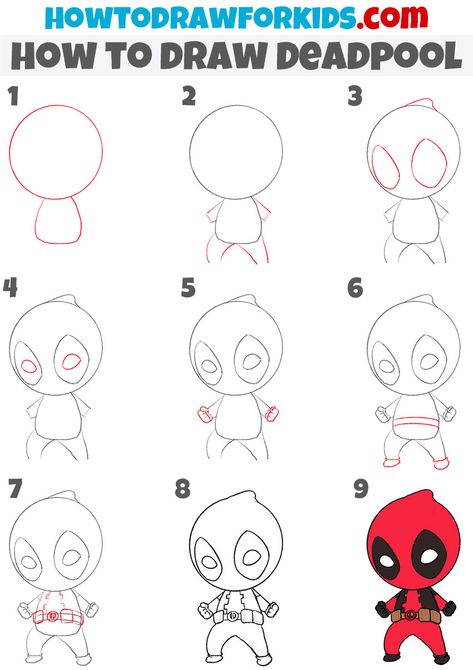 How to Draw Deadpool - Easy Drawing Tutorial For Kids Marvel Step By Step Drawings, Superhero Drawings Easy For Kids, How To Draw Deadpool Step By Step, Deadpool Painting Easy, How To Draw Deadpool, Cute Marvel Drawings Easy, Deadpool Drawing Sketches, Deadpool Drawing Easy, Deadpool Doodle