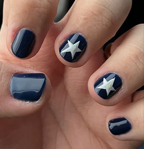 ig @gabrielleon____ Wolfstar Nails, Masc Lesbian Nails, Short Cool Nails, Short Nails Stars, Blue Simple Nails, Short Painted Nails, Dark Blue Nails Ideas, Cool Short Nails, Soft Grunge Nails