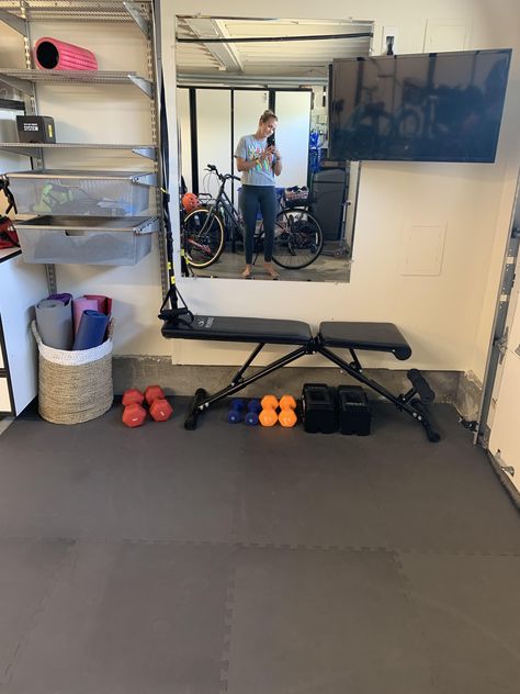 Garage Gym Corner, Mini Garage Gym, 1 Car Garage Gym, One Car Garage Gym, Corner Gym, Half Garage Gym, Gym Corner, Garage Workout, Workout Corner