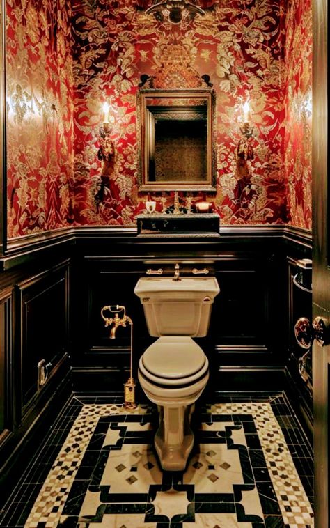 Black And Red Bathroom Ideas, Moody Restroom, Amazing Toilets, Red Bathroom Aesthetic, Dive Bar Bathroom, Bar Bathroom Ideas, Eccentric Bathroom, Unusual Rooms, Wallpaper Toilet