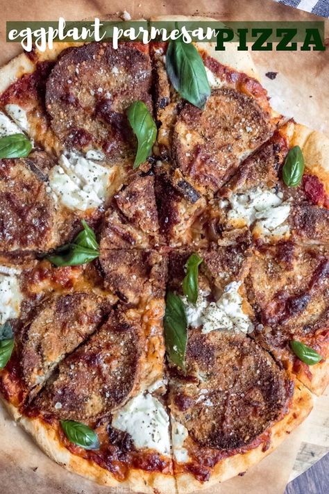 Eggplant Parmesan Pizza: If you love eggplant parmesan, you will LOVE this pizza! #eggplantparm #eggplantparmesan #eggplantpizza #homemadepizza #pizzarecipe Pizza With Ricotta, Oven Baked Eggplant, Baked Eggplant Parmesan, Eggplant Pizza, Ricotta Pizza, Parmesan Pizza, Eggplant Pizzas, Eggplant Parmesan Baked, Eggplant Recipes Parmesan