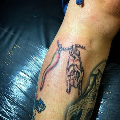 Italian Horn And Hand Tattoo, Italian Meaningful Tattoos, Italian Men Tattoos, Italian Horn Tattoo Cornicello, Malocchio Tattoo Italian, Italian Hand Tattoo, Italian Cornicello Tattoo, Italian Tattoos Symbols, Italian Tattoos Men