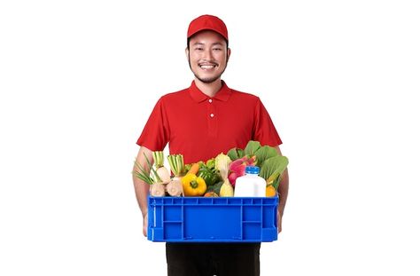 Asian delivery man wearing in red unifor... | Free Photo #Freepik #freephoto #man #fruit #delivery #smile Bag On Wheels, Red Uniform, Milk Delivery, Online Grocery Store, Big Basket, Food Basket, Consumer Behaviour, Grocery Stores, Online Supermarket