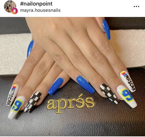 Nascar Nails Designs Racing, Nascar Nails Designs, Race Car Nails, Nascar Nails, Racing Nails, Bright Acrylic Nails, Cowboy Nails, August Birthday, Birthday Hair