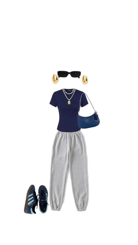 Dark blue shirt,gold earrings and necklaces,dark blue purse,grey sweats,adidas shoes,black sunglasses. Dark Blue Streetwear Outfit, Blue Relaxed Fit Cozy Sweats, Dark Blue Crewneck, Navy Blue Brandy Melville Sweatpants, Dark Blue Sweatpants, Comfy Sweats, Blue Outfit, Themed Outfits, Dark Blue