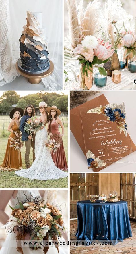 Spring Copper Wedding, Copper And Navy Wedding, Copper Wedding Color Palette, Navy And Copper Wedding, Blue And Copper Wedding, Blue And Brown Wedding, Blue Jean Wedding, Wedding Fall Flowers, Teal Fall Wedding