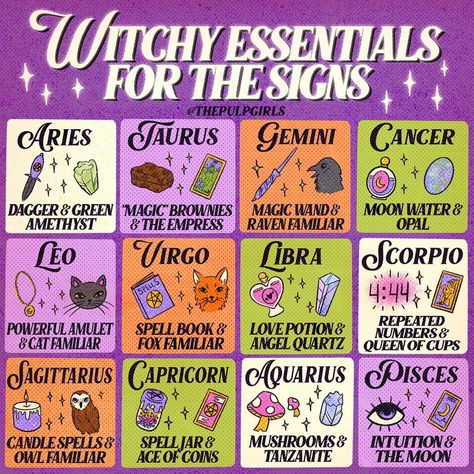 ✨🌸 The Pulp Girls 🌸✨ on Instagram: “✨ Witchy Essentials for the Signs ✨ It’s day two of Pulp Witch Week and haven’t you always wondered what witchy things best fit your zodiac…” Witchy Essentials, Pisces And Capricorn, Virgo And Scorpio, Aries And Gemini, Witch Stuff, Green Magic, Pisces And Sagittarius, Wiccan Spell Book, Witchcraft Spell Books