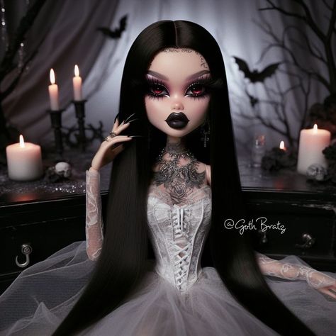 Her lips, crimson as forbidden fruit, whispered promises of eternity. 🕯️✨🖤 inspired by @nightmarebaby #bratz #gothbratz #explorepage Bratz Dollhouse, Goth Bratz, Goth Barbie, Portrait Decor, Badass Drawings, Blood Wallpaper, Barbie Makeup, Doll Aesthetic, Emo Art