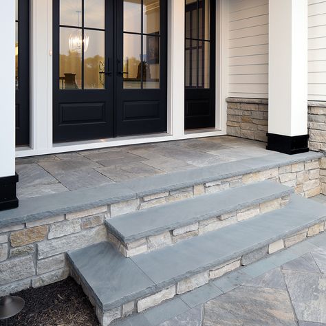 Thermaled Bluestone Treads & Coping Front Porch Masonry Ideas, Front Steps Landscaping Ideas, Blue Stone Front Steps, Curved Front Steps, Blue Stone Front Porch, Bluestone Front Steps, Front Entry Stairs Exterior, Bluestone Front Porch, Back Porch Steps Down To Patio