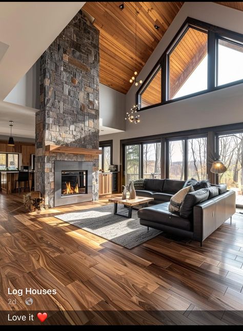 Cabin House Aesthetic Interior, Vaulted Ceiling Cabin, Cabin Floor To Ceiling Windows, Farmhouse Interior Design Living Room, Vaulted Living Room, Lake Home Interior, Large Cabin Windows, Cabin With Big Windows, Luxury Cabin Interior