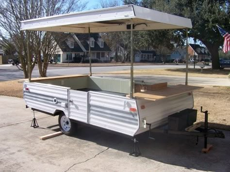 Pop Up Tent Food Truck, Pop Up Camper Lemonade Stand, Tailgating Trailers Diy, Pop Up Camper Concession Trailer, Pop Up Food Trailer, Pop Up Camper Mobile Bar, Pop Up Camper Bar, Pop Up Concession Stand, Diy Food Cart Ideas