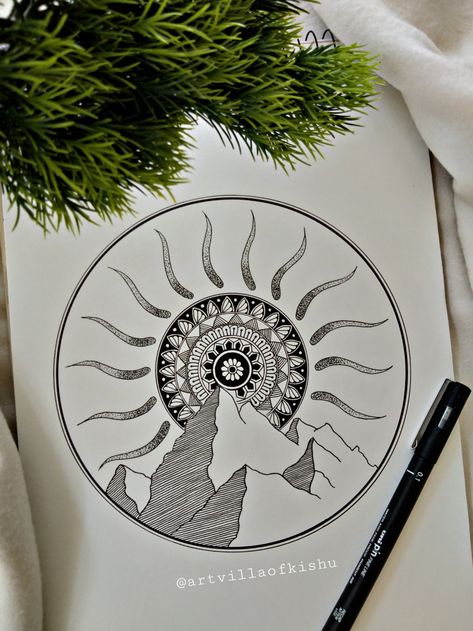 Rising Sun Mandala, Sun Mandala Art, Sun Zentangle, Sun Mandala Tattoo, Mandala Mountain, Yoga Village, Mountain Mandala, Sunrise Mandala, Mandala Arts