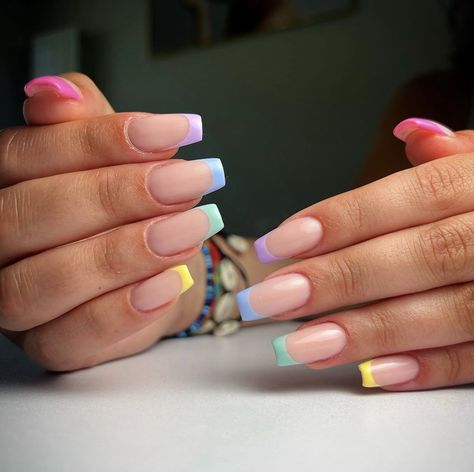 French Colourful Nails, Pastel Color French Tip Nails, Multi Colored French Tip Nails Coffin, Coffin Colorful Nails, Multicolored French Tips, French Nails Different Colors, Multicolor French Nails, Letnji Nokti, Nails French Color