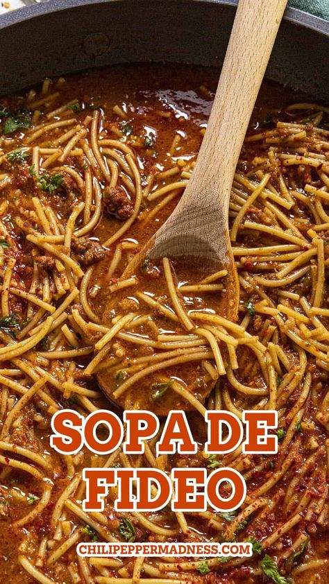 Sopa de Fideo in a big pot. Fideo Soup With Meatballs, Recipes Using Fideo Noodles, Fedio Mexican Soup, Fideo Recipe With Meat And Potatoes, Beef Fideo Recipe, Mexican Fideo Recipe Beef, Mexican Noodle Recipes, Recipes With Fideo Noodles, Fideo Pasta Recipe