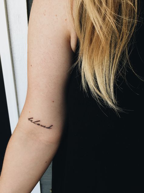 Beloved Tattoo With Flowers, My Beloved Tattoo, Cutesy Tattoos, Beloved Tattoo, Lil Tattoos, Book Tattoo Ideas, Small Words Tattoo, Words Tattoo, Bible Tattoos