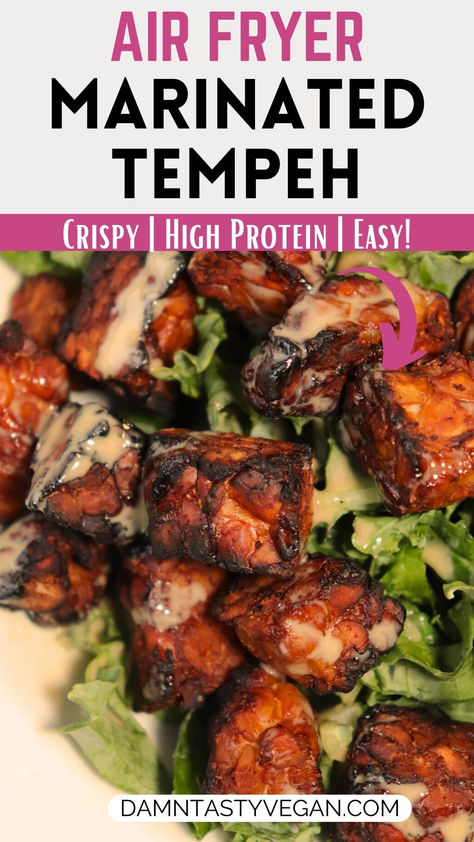 Air fryer tempeh cubes on top of a kale salad with tahini dressing. Tempe Recipes, Air Fryer Tempeh, Tempeh Recipes Vegan, Tempeh Marinade, Tempeh Burger, Meatless Meals Healthy, Marinated Tempeh, Tofu Recipes Vegan, Tempeh Recipes