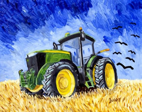 Wheatfield with Crows and a Deere - Rich Janney Artwork Tractor Painting Easy, Tractor Artwork, John Deere Art, Wheatfield With Crows, Crows Art, Old John Deere Tractors, Tractor Art, Field Paint, Train Table