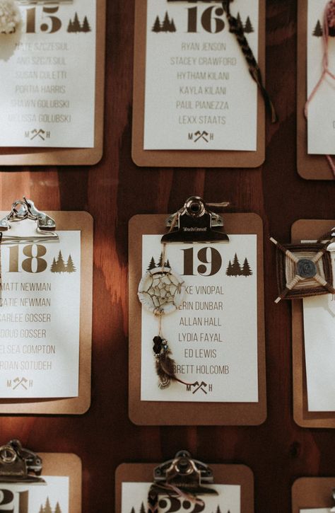 Summer camp themed wedding reception in Big Bear at Camp Wasegan, clipboard seating chart Camping Wedding Theme, Camp Themed Wedding, Wedding Reception Themes, Campground Wedding, Wedding Table Seating Plan, Summer Camp Wedding, Wedding Table Seating, Camp Wedding, Elegant Cards