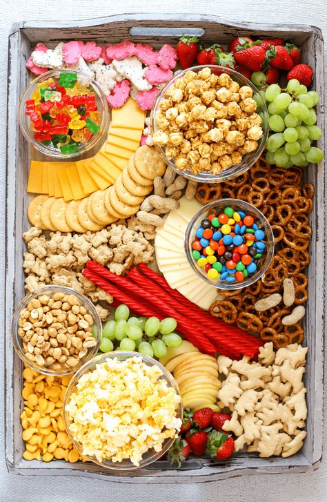 Movie Night Snack Board | Simply Made Recipes Movie Night Snack Board, Movie Night Food, Movie Night Snacks, Snack Platter, Charcuterie Inspiration, Sleepover Food, Night Food, Party Food Platters, Snack Board