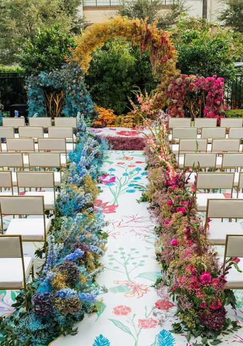 This couple did not shy away from bold colors for their wedding. Check out all the unique details here, and see how they matched their dance floor to their aisle. Printed Dance Floor, Wedding Flower Types, Danielle Frankel, Creative Centerpieces, Wedding Archway, Best Color Schemes, Wedding Reception Design, Dance Floor Wedding, Wedding Aisle Decorations