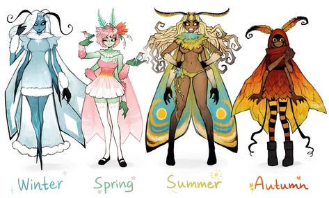 Seasonal moths by Fiship; uploaded for personal reference, the art is not mine Moth As Human, Moth Humanoid, Moth Oc, Character Design Cartoon, Moth Art, Fantasy Creatures Art, Mythical Creatures Art, Vector Character, Drawing Style