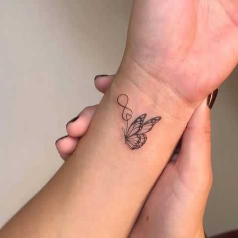 K Butterfly Tattoo, Fine Line Butterfly, Infinity Tattoo On Wrist, Line Butterfly, Colour Tattoo For Women, Butterfly Hand Tattoo, Cute Tattoos On Wrist, Butterfly Wrist Tattoo, Cool Wrist Tattoos