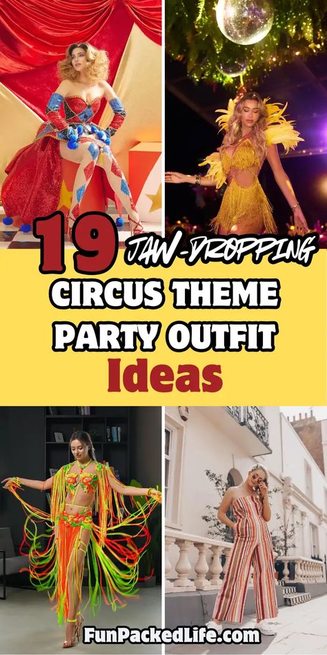 Collage showcasing four circus-themed party outfits. Top left features a dramatic ringmaster-inspired look with red and blue sequined corset dress. Top right shows a yellow feathered showgirl costume under disco balls. Bottom left displays a vibrant neon fringe costume in orange and green with floral accents. Bottom right presents a vintage-inspired striped jumpsuit. Diy Trapeze Costume, Circus Party Costumes, Carnival Theme Costume, Circus Theme Outfits Women, Acrobat Costume Circus, Carnival Inspired Outfit, Carnival Costumes Circus, Cirque Du Soleil Outfit What To Wear To, Carnival Dress Up Ideas