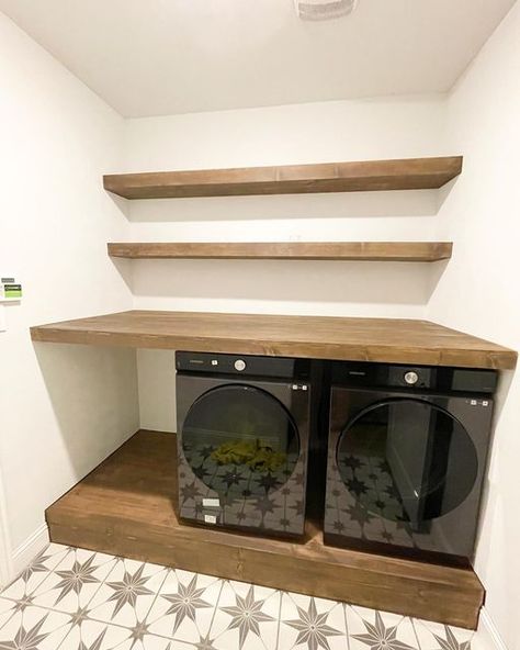 Laundry Room Front Loaders Countertops, Laundry Room With Folding Counter, Counter In Laundry Room, Laundry Room Folding Counter, Laundry Room Butcher Block Counter, Fold Down Laundry Table, Butcher Block Countertops Laundry Room, Laundry Counter, Floating Countertop