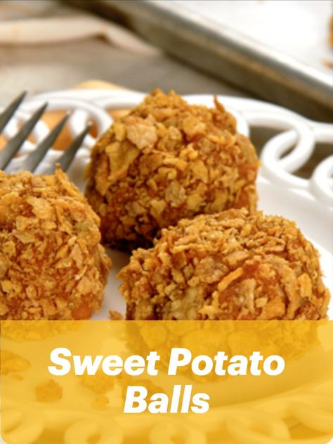 Sweet Potatoes With Corn Flakes, Sweet Potato Balls Baked, Sweet Potato Balls With Marshmallows, Sweet Potato Patties Recipes, Sweet Potato Cups, Sweet Potato Candy Recipe, Recipes Using Corn Flakes, Recipes With Corn Flakes, Sweet Potato Butter Recipe