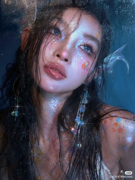 Siren Album Cover, Mermaid Face Claim, Kpop Ethereal, Siren Concept Art, Water Makeup Look, Ethereal Beauty Woman, Water Makeup Looks, Mermaid Aesthetic Sirens, Siren Photoshoot