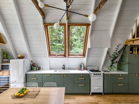 Catskill Chalet A-Frame with Updated Interior on 2.4 Acres Aframe Cabins, A-frame Interior, Cabin Vibes, Bold Kitchen, Country Interiors, Cabin Retreat, Bedroom Frames, Lake Side, A Frame House Plans